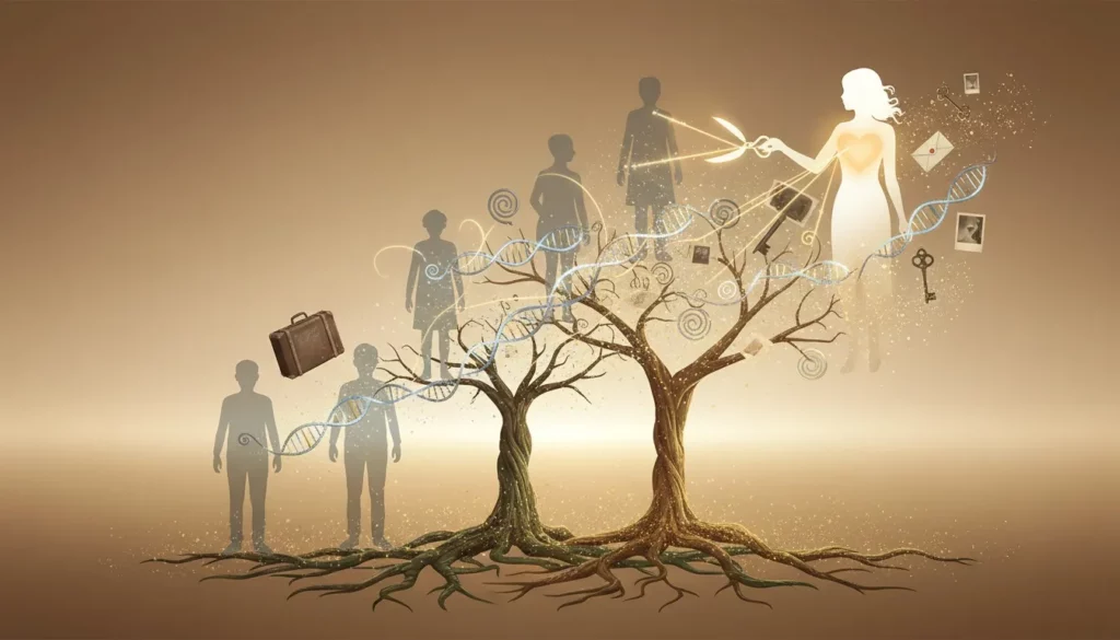 Illustration du transgénérationnel : silhouettes de générations reliées par un arbre aux racines entremêlées et un fil d'ADN, une femme lumineuse coupant un fil