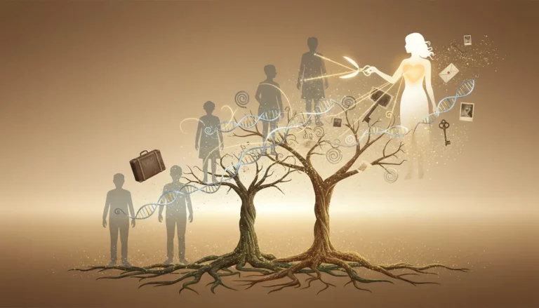 Illustration du transgénérationnel : silhouettes de générations reliées par un arbre aux racines entremêlées et un fil d'ADN, une femme lumineuse coupant un fil